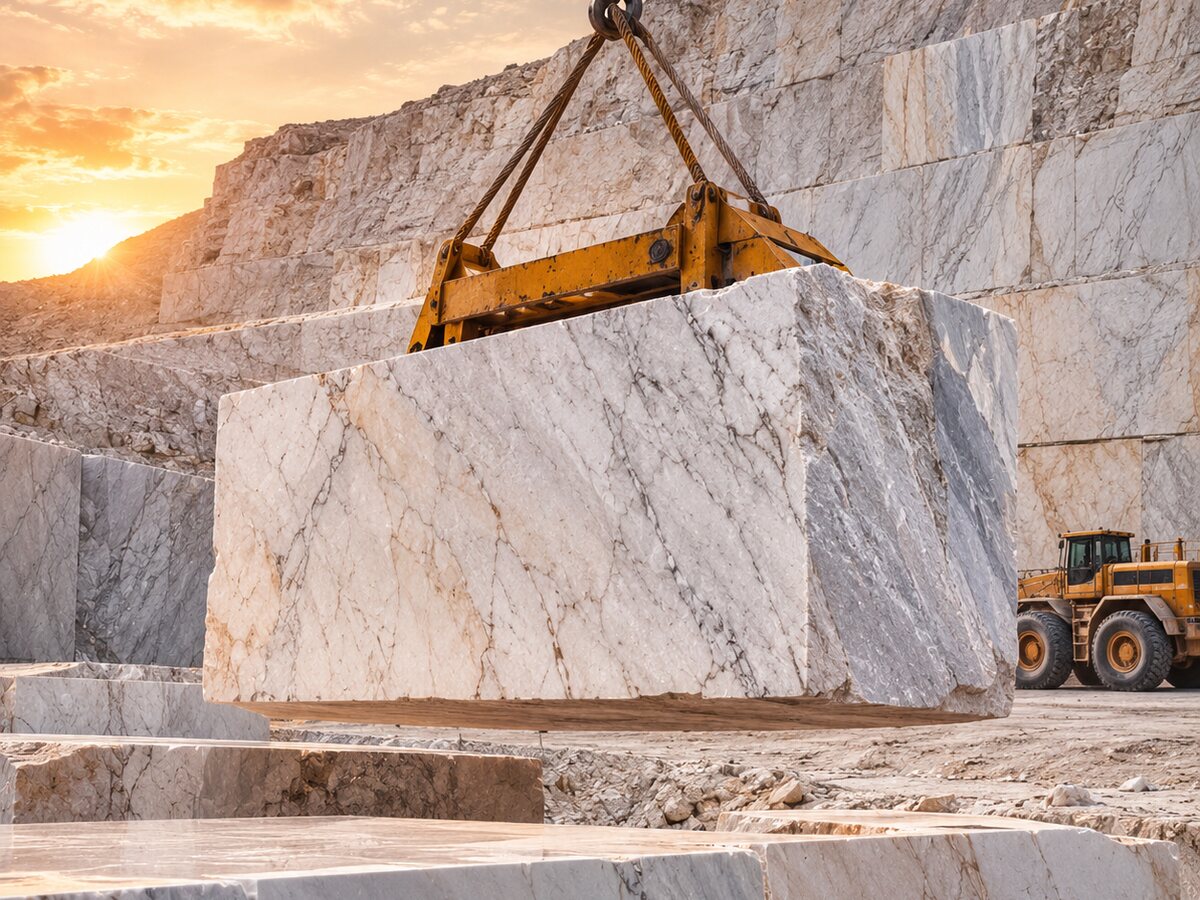 Marble blocks being lifted at a quarry face